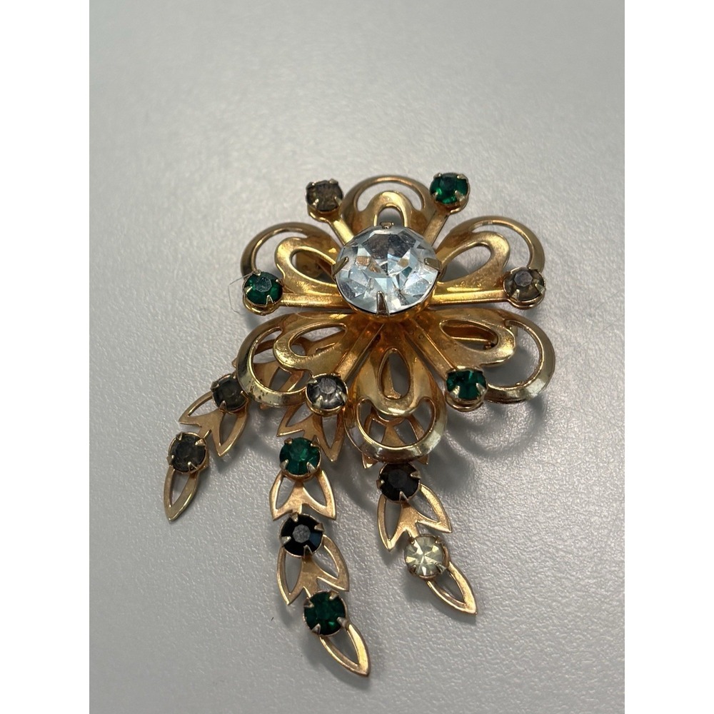 Vintage Clear Green Flower Brooch Rhinestones Sparkly